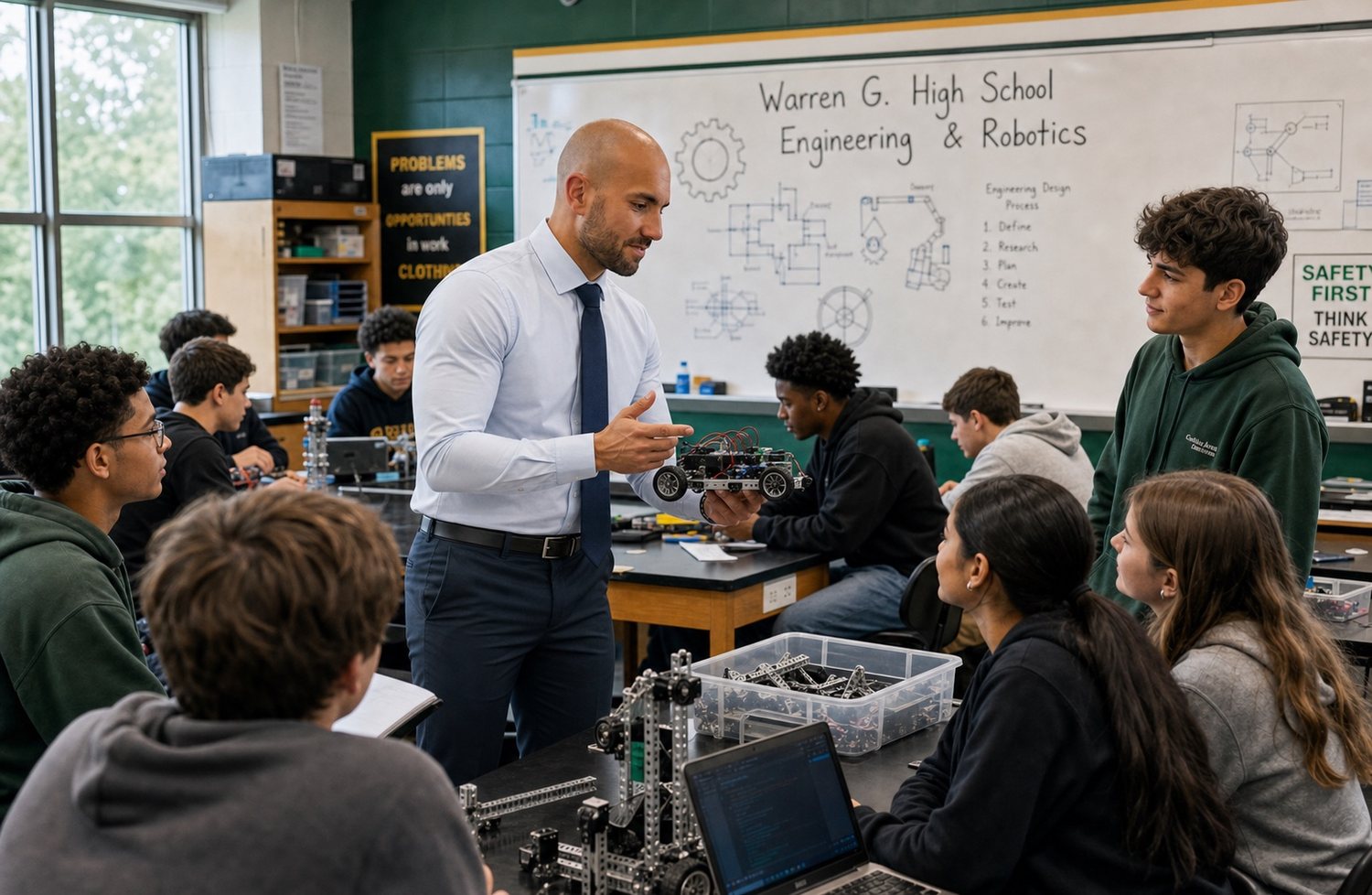 Greg teaching a high-school engineering and robotics class