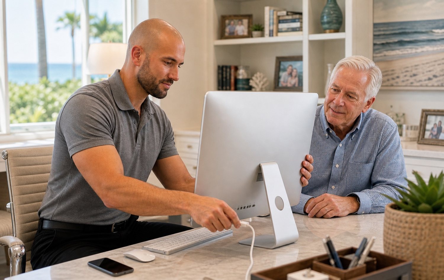 Greg setting up a client's desktop computer in a bright home office with an ocean view